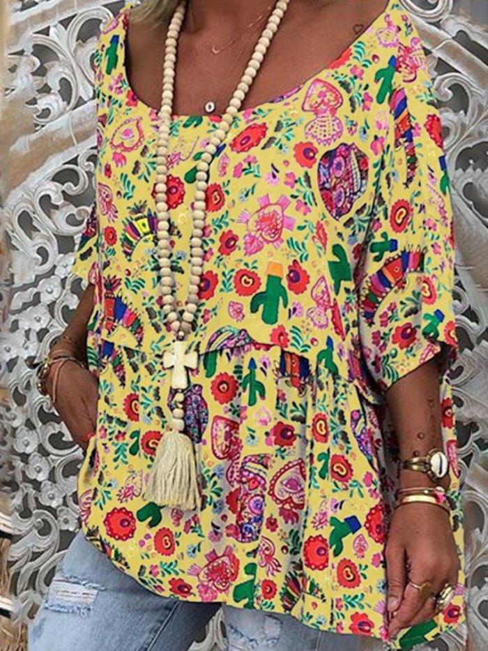 Floral Half Sleeve Causal Tops