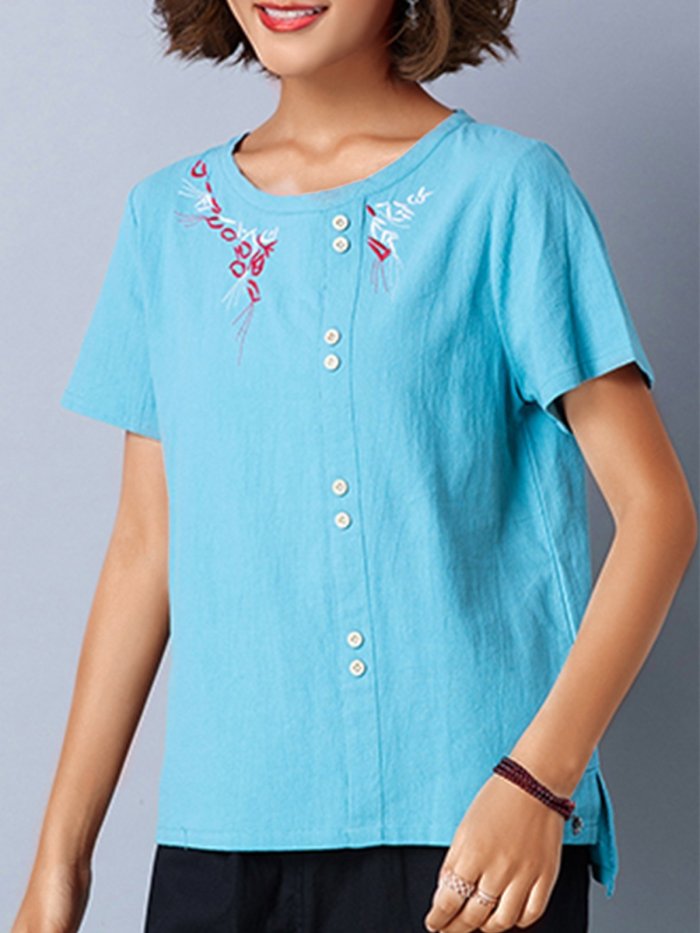 Plus Size Women Short Sleeve Round Neck Vintage Floral Casual Tops