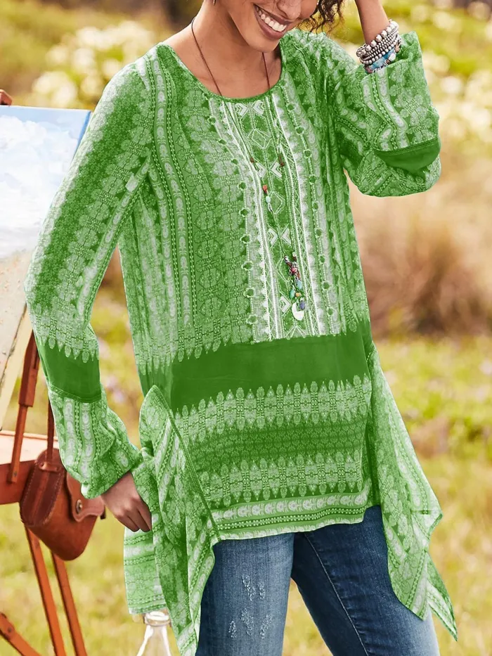 Vintage  Women  Round Neck Long Sleeve Casual Tops