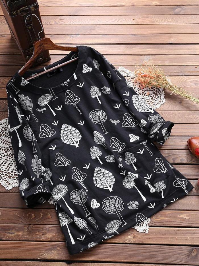 Long Sleeve Floral Round Neck Casual Tops