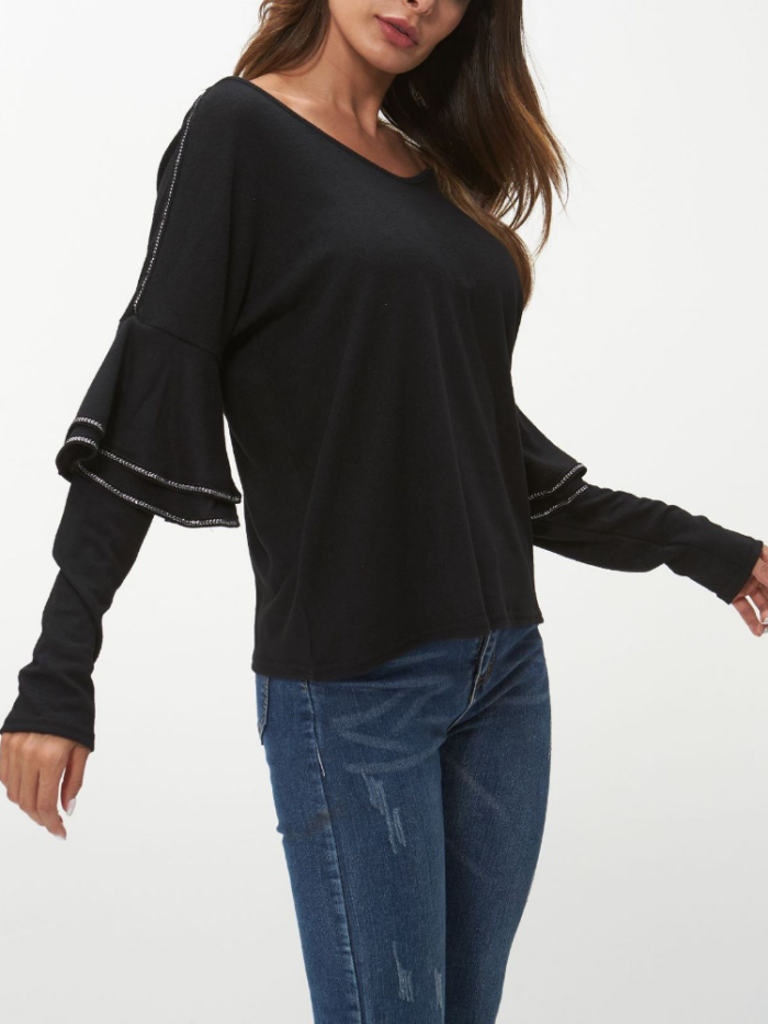 V Neck Appliqued Bell Sleeve Vintage T-Shirts