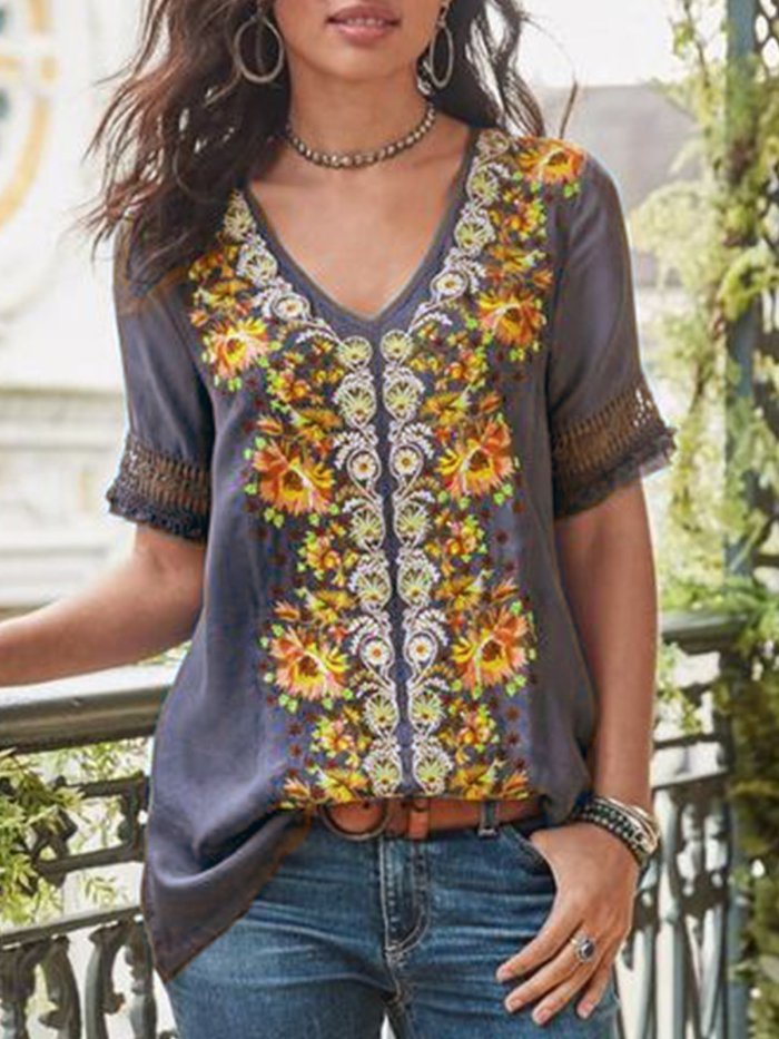 Short Sleeve Cotton-Blend Patchwork V Neck Shirts & Tops