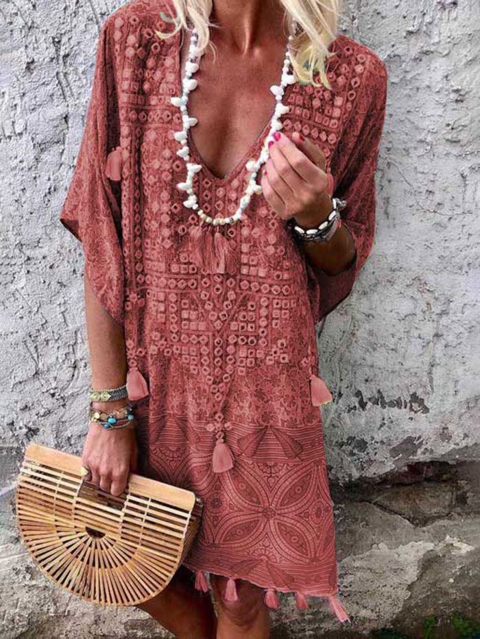 Floral Tassel Printed Casual Summer Above  Knee Shift Dresses