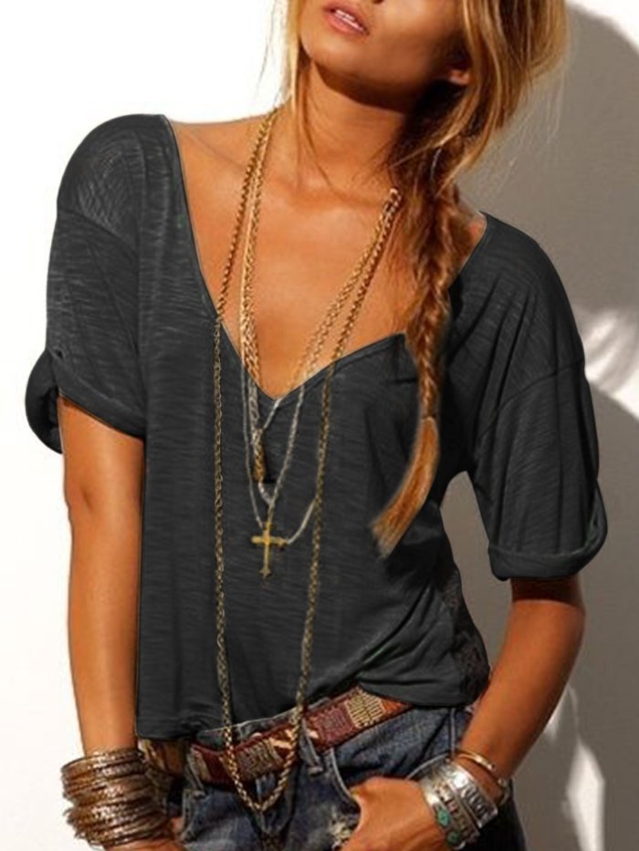 Casual Solid V Neck Shirts & Tops