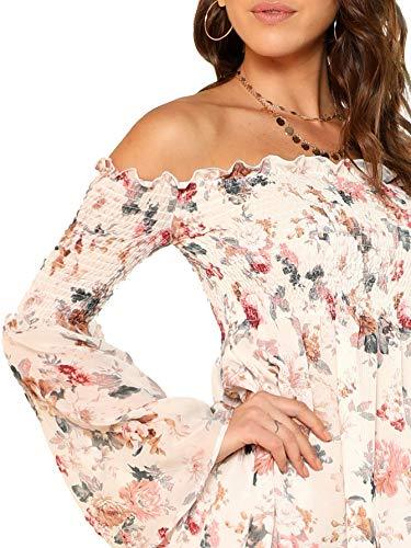Romwe Women's Casual Floral Print Off Shoulder Trumpet Sleeve Swing Dress