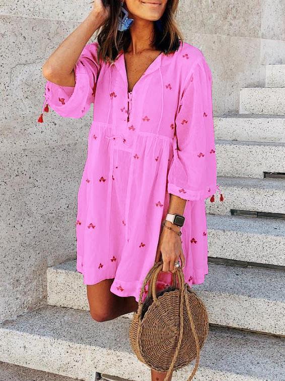 Plus Size Casual V Neck 3/4 Sleeve Printed Dresses