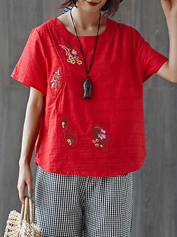 Plus Size  Women  Cotton And Linen  Floral  Short  Sleeves Round Neck  Casual  Tops