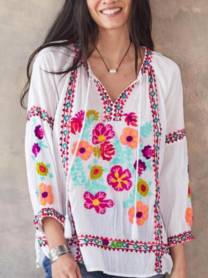 3/4 Sleeve Casual Patchwork Shirts & Tops