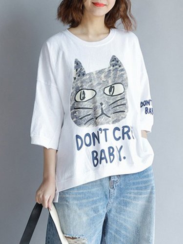 Casual 3/4 Sleeve Round Neck Plus Size Tops