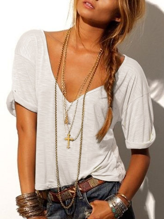 Casual Solid V Neck Shirts & Tops