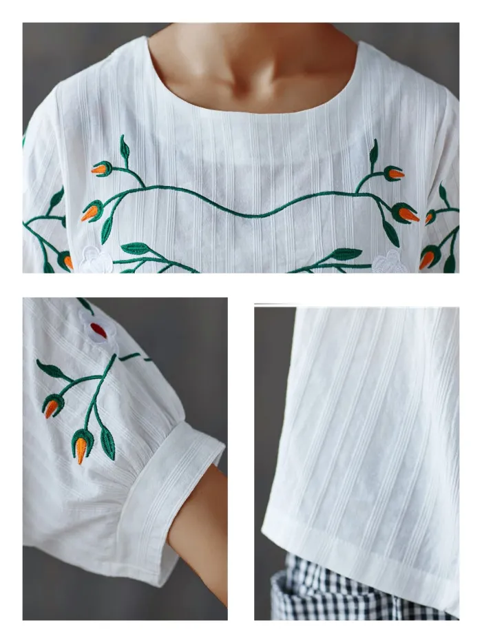Plus Size Women  Embroidered Floral Short  Sleeve  Round  Neck Cotton And Linen Loose Casual Top
