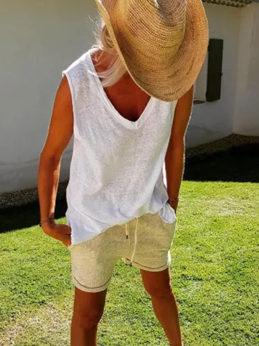 Cotton-Blend Casual V Neck Shirts & Tops