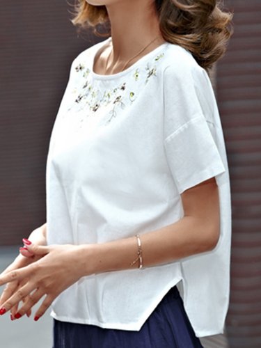 Plus Size Women Short Sleeve Round Neck Vintage Floral Casual Tops