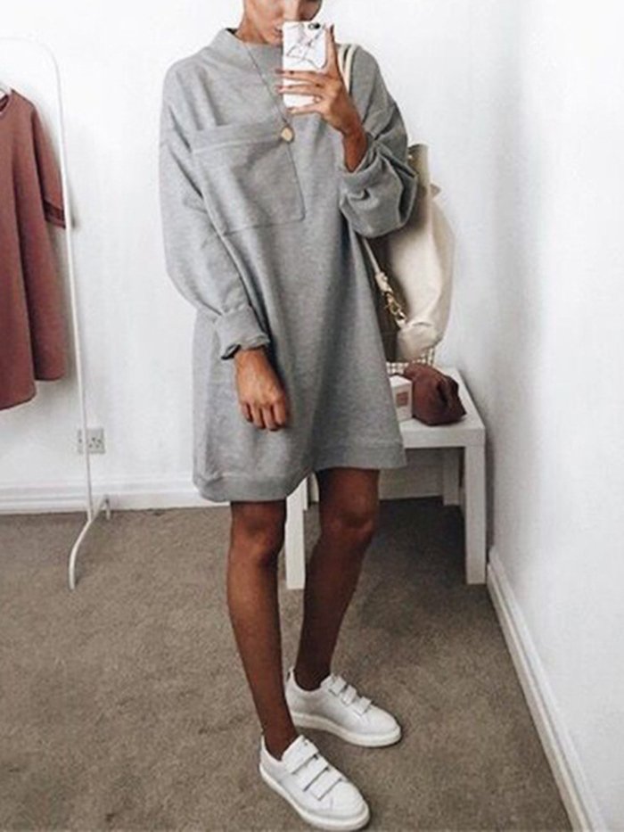 Round Neck Long Sleeve Plain Pocket Fashion Casual Dress