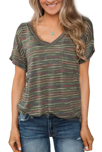 Plus Size Casual Striped V Neck Short Sleeve Tops