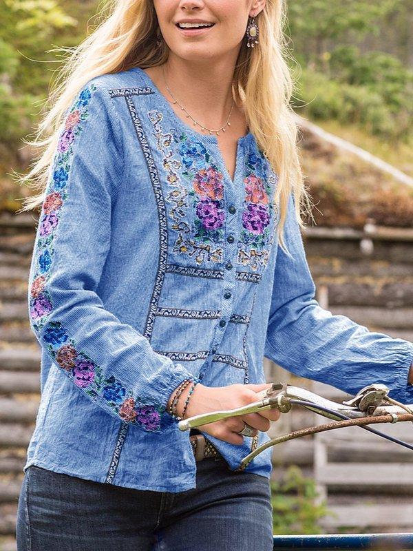 V Neck Long Sleeve Vintage Shirts & Tops