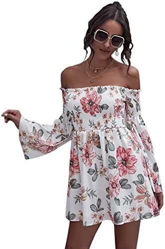 Romwe Women's Casual Floral Print Off Shoulder Trumpet Sleeve Swing Dress