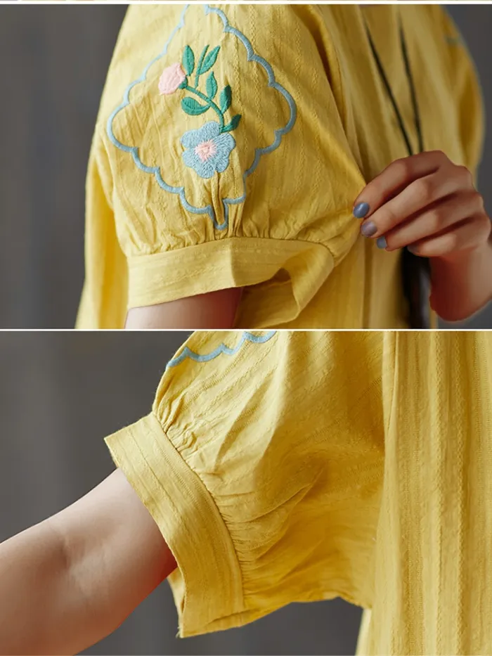Plus Size Women  Embroidered Short  Sleeve  Round  Neck Cotton And Linen Loose Casual Top