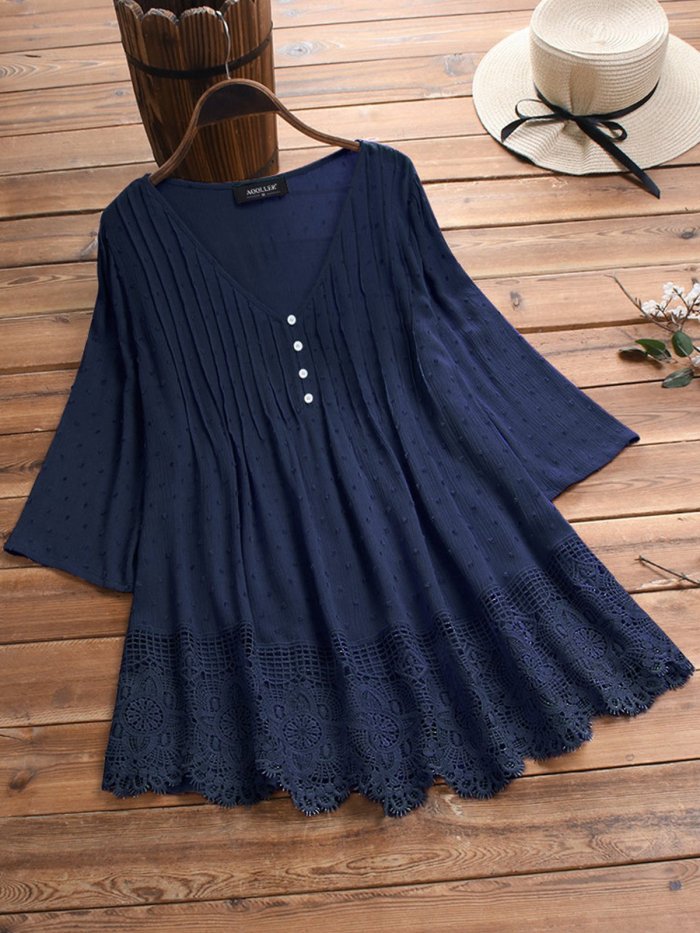 Women Casual Lace Cutout Tops Tunic Blouse Shirt