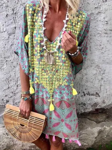 Floral Tassel Printed Casual Summer Above  Knee Shift Dresses
