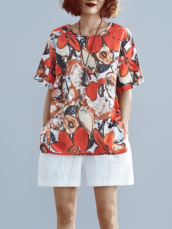 Plus Size Women Loose Cotton And Linen Round Neck Short Sleeve Abstract Pattern Irregular Casual Top