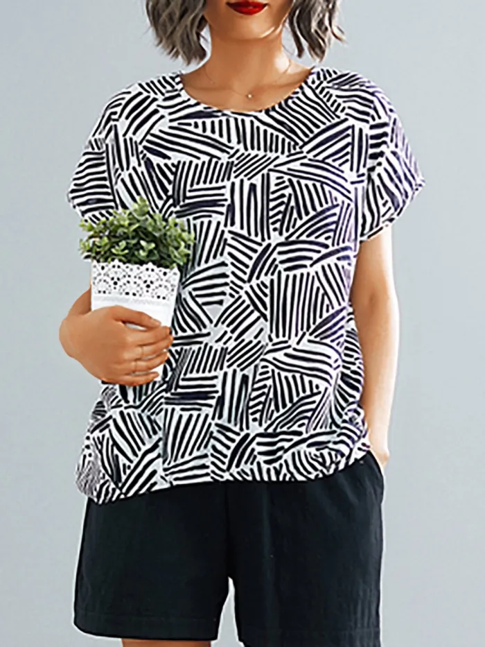 Plus Size Women Short Sleeve  Round Neck  Striped  Floral  Loose Casual  Tops