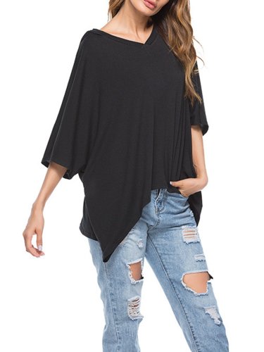 V-Neck Cotton-blend Solid Casual T-Shirt
