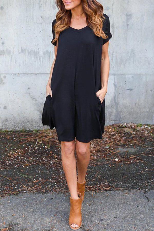 V Neck  Patch Pocket  Plain  Short Sleeve Casual Dresses
