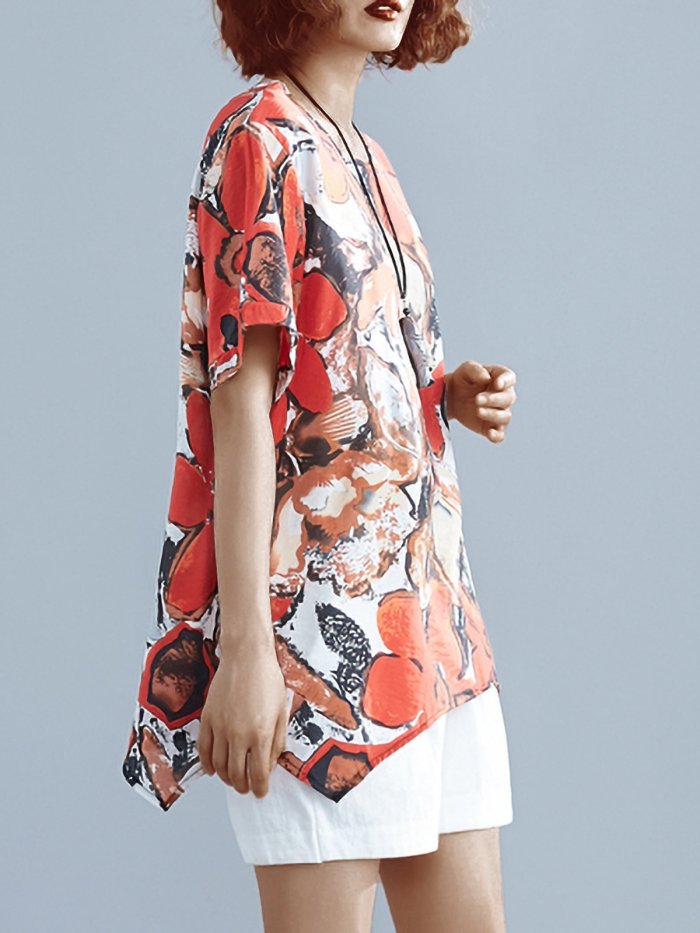 Plus Size Women Loose Cotton And Linen Round Neck Short Sleeve Abstract Pattern Irregular Casual Top