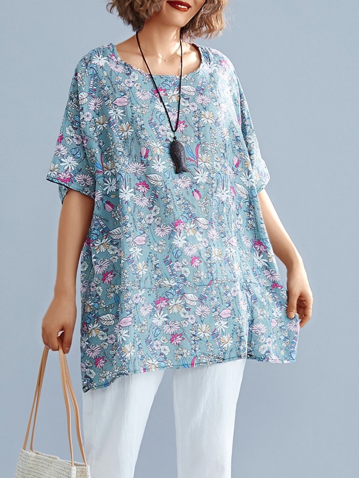 Women Short Sleeve Round Neck Vintage Floral Casual Tops