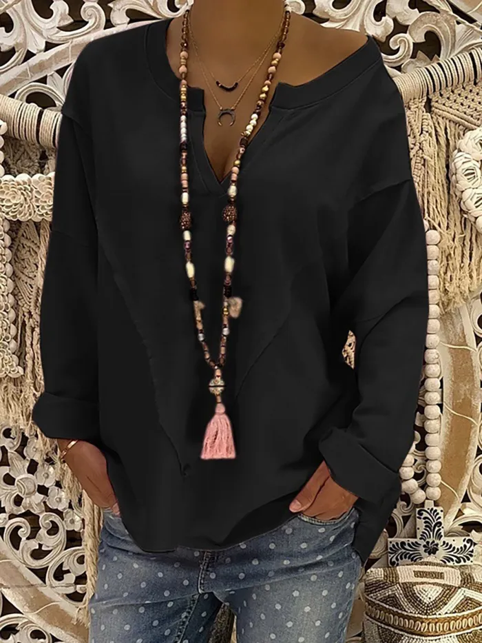 Paneled Polyester Casual V-Neck Blouse