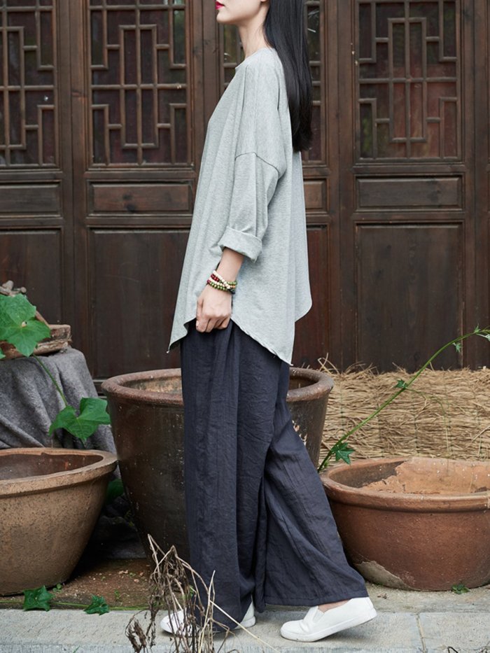 Cotton Casual Crew Neck Blouses