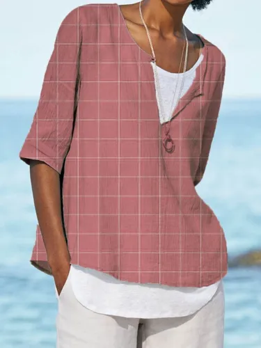 Plaid Half Sleeve Cotton-Blend Casual Shirts & Tops