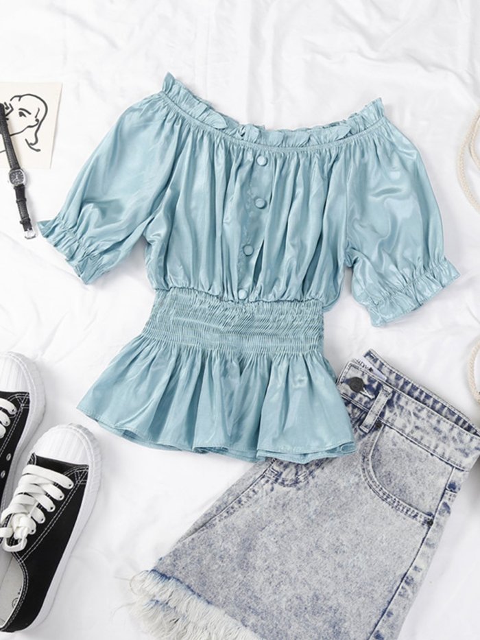 One-neck Off Shoulder Short Sleeve Pullover Solid Casual Tops
