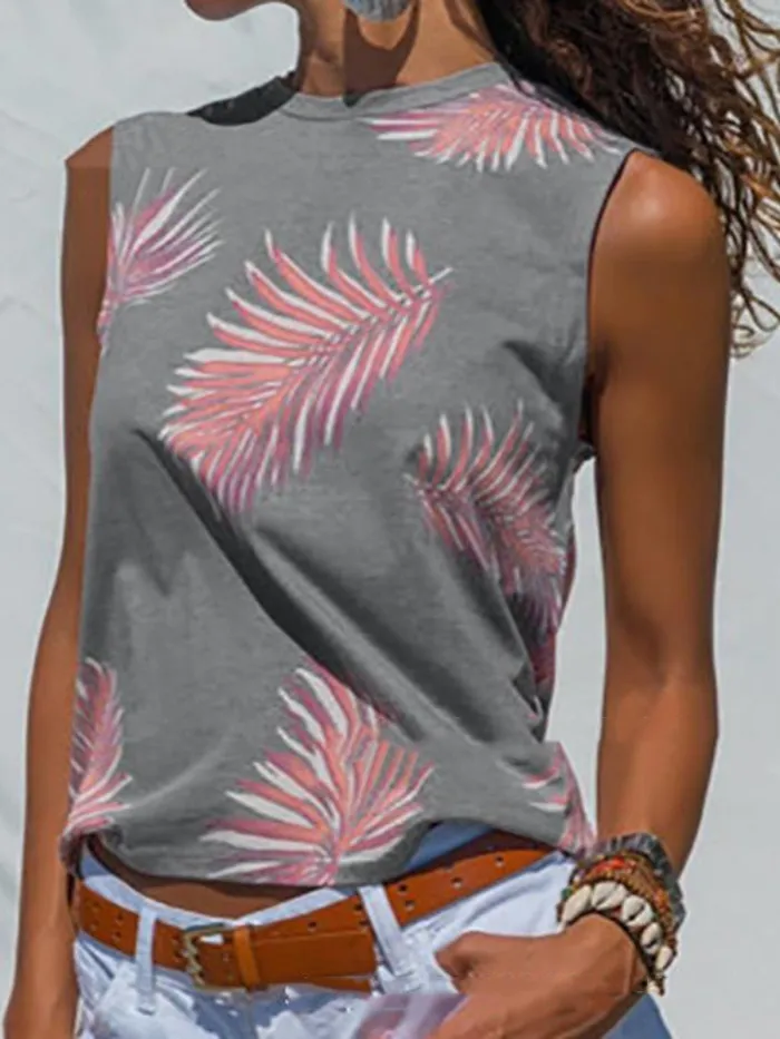 Summer Tops Leaf Print Sleeveless Crew Neck Casual Tanks
