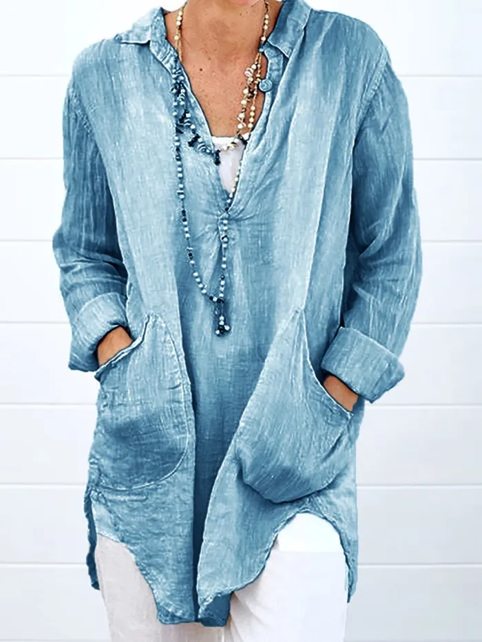 Double Pockets Long Sleeve Plus Size Shirts