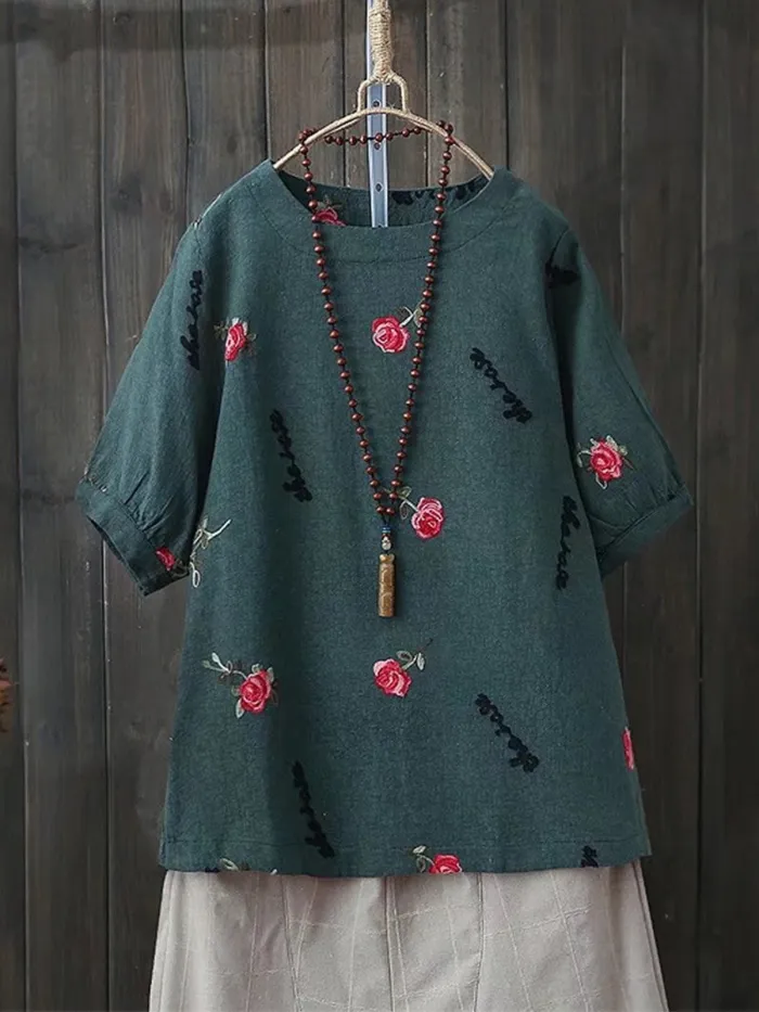 Women Casual Embroidery Tops Tunic T Shirt
