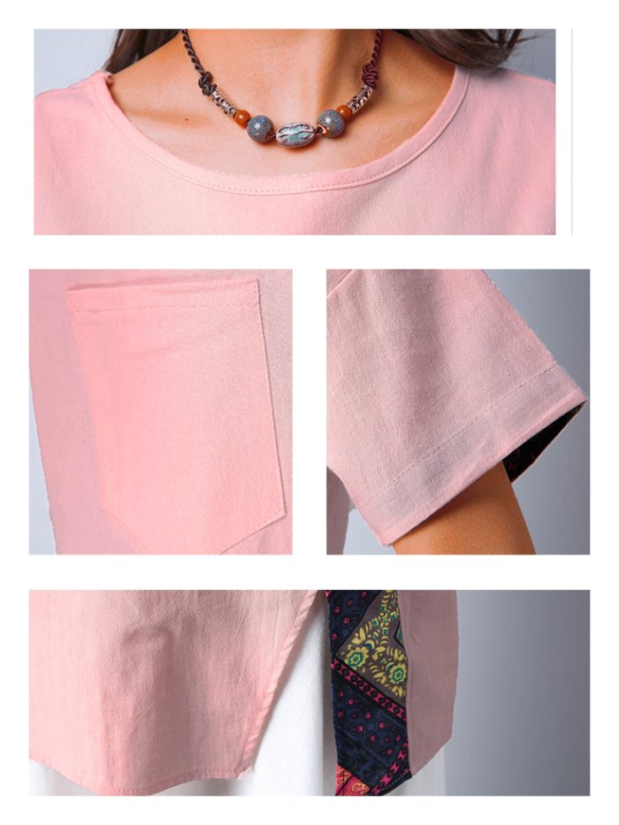 Plus Size Cotton And Linen Women  Short  Sleeve Solid  Casual Top