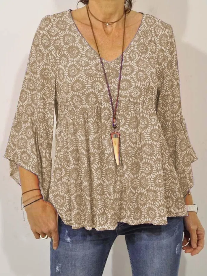 Plus Size V Neck Casual 3/4 Sleeve Printed Tops