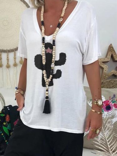 White Short Sleeve V Neck Cotton-Blend Shirts & Tops