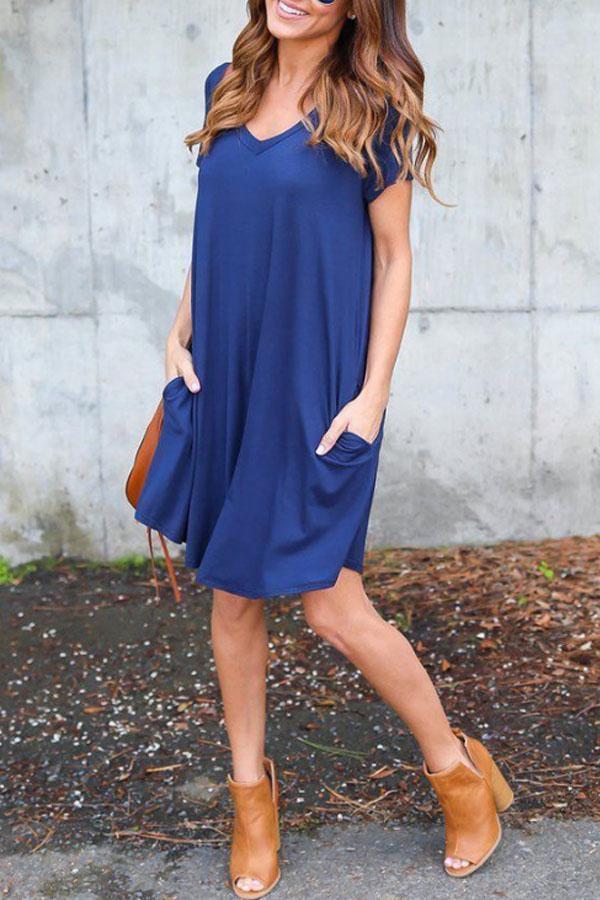 V Neck  Patch Pocket  Plain  Short Sleeve Casual Dresses