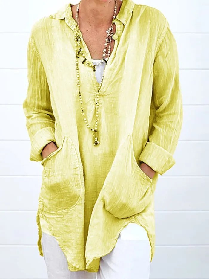 Double Pockets Long Sleeve Plus Size Shirts