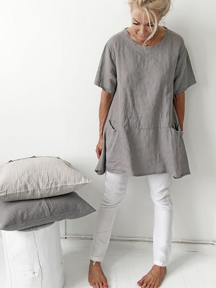 Short Sleeve Crew Neck Pockets Shirts Daily Plus Size Tops