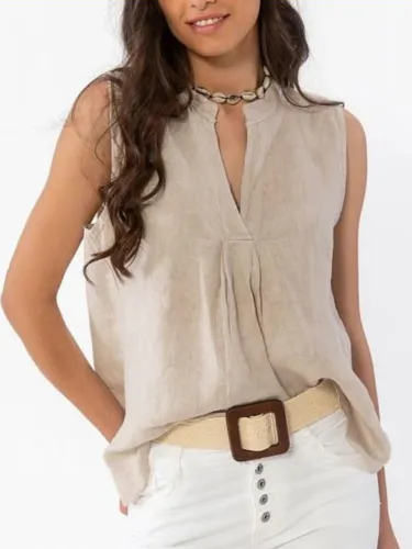 Casual Sleeveless Solid V Neck Shirts & Tops