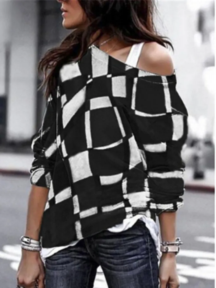 Women Long Sleeve Checkered Cotton-Blend Geometric Off-shoulder T-Shirts