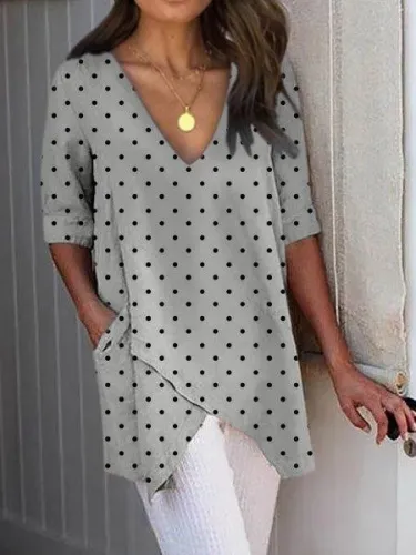 Polka Dots Casual Pockets Asymmetrical Shirts & Tops