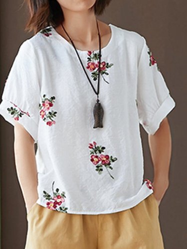 Women Short Sleeve Round Neck Vintage Embroidered Floral Casual Tops