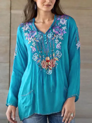 Elegant V Neck Printed Long Sleeve Shirts & Tops