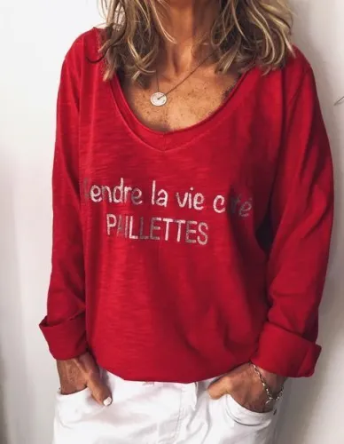 Letter Long Sleeve Round Neck Casual Shirts & Tops