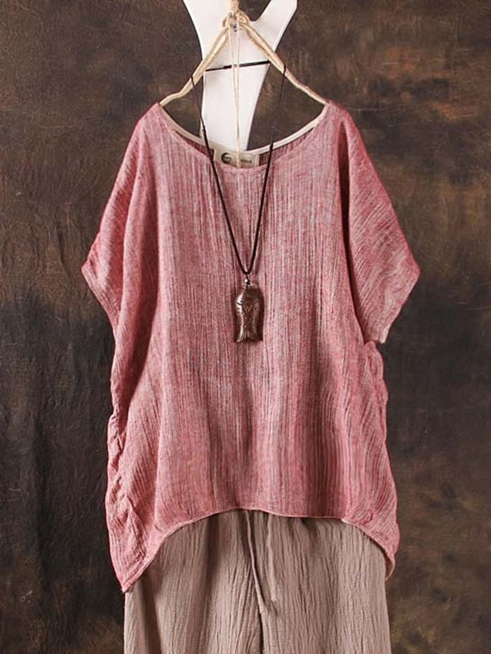 Short Sleeve Solid Plus Size Casual Blouse